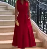 カジュアルドレス女性用ドレス2024気質固形色フリップカラーフォールドポケットデザインノースリーブファッションスリムフィットロング
