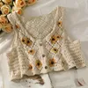 Oumea Frauen Süße Cott Strickjacke Sommer Blumenstickerei Sleevel Butts Frt Crop Tops Strand Süße Häkeln Französisch Stil i67v #