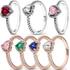 Cluster Rings Authentic 925 Sterling Silver Ring Elevated Red Heart With Colorful Crystal For Women Birthday Gift Fashion Jewelry