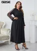 Gibsie Plus Taille Gland Cravate Cou Casual Maxi Dr Femmes 2023 Printemps Automne Fi Lg Manches Femelle Élastique A-ligne Dres B4c1 #