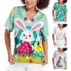 2024 Scrub Tops Giorno di Pasqua Donna Scollo a V Bunny Egg PrintTop T-shirt da lavoro allattata Camicetta con tasche Uniforme medica 98SZ #