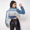 Jaqueta jeans 2024 para mulheres com costura de borla elegante e jaqueta jeans vintage para mulheres 2CVS4