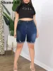 Plus Size Roll Up Medium Strecth Skinny Ripped Cinquième Point Capris Jeans Maman 4XL Été Femmes Revers Mid Blue Denims Bermudas n70d #