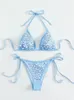 Women's Swimwear 2024 Women Luxurious Rhinestone Swimsuit Blue 2 Piece Bikini Set Sexy V-neck Suspender Lace-Up Bathing Suit Summer