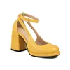 Dress Shoes Bright Yellow Red Side Hallow Women Pumps Summer Mary Janes Closed Toe Chunky High Heels Platform Sexy Mature Sandals