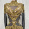 Sparkly Gold Rhinestes Dr Mesh Sleeves Evening Party Dres Birthday Celebrate Outfit Women Stage Dance Costumes XS5736 R2XF#