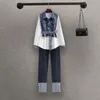 Koreansk populär gata stil eleganta kvinnor byxor set fi denim skjorta blå jeans tvådelar set famele tracksuit sportkläder t1at#