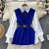 LKF Light Luxury Ladies Dress Set Womens Loose LongSleeved White Shirt Top Slitt Sticked Vest Twopiece 240329