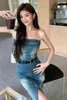 Casual jurken lief meisje off-shoulder strapless denim jurk dames zomer sexy slim fit split wrap hip lange mode vrouwelijke kleding