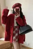 Retro Womens 2023 Yeni Sonbahar Kış Kore v Boyun hırka Gevşek Tasarım Mizaç Kırmızı Renk Kazak Triko Paltosu X4U3#
