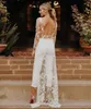 sexy Open Back Wedding Pant Suits For Brides With Train Applique Lace Lg Sleeves Wedding Jumpsuits Women Elegant Formal Dr r6Ke#