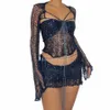 Women's Crochet Sequin 3 Piece Dr Crop Top LG Sleeve Split Sticked Y2K Fi Summer Sequin Mini Dr Short Kirt 2023 M77R#