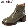 Buty Mili-Miya Fashion Women Sheep Patent Skórzany kostka okrągłe stóp do stóp obcasów stały kolor plus rozmiar 34-40 jesienne buty zimowe