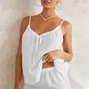 Casa Vestuário Conjunto de 2 peças feminino para salão Y2k branco sem mangas amarrar tops cami tops shorts de pernas largas conjuntos de roupa de dormir