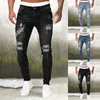 Herr Slim Fit Jeans Fi Classic High midjehål Rippade blyertsbyxa män Skinny Streetwear Blue Jeans denim LG Pant Q6e1#