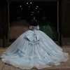 2024 Sky Blue Shiny Quinceanera Kleider Geburtstag Off Schulter Formales Ballkleid Perlen Tull Party Kleider Vestido De 15 Jahre