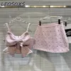 Arbetsklänningar kawaii söt rosa rhinestone stor bowknot camisole tweed kjol dräkt kvinnor 2024 vårväst kort tvådelar
