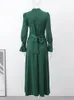 Vintage Elegante Green Bubble Sleeve Dr Donna Collo semi-alto Lace-up Vita alta femminile Dres Spring Fi New Lady Robe i8Ia #