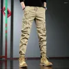 Pantalones de hombre de color caqui de algodón cargo moda táctica streetwear casual multi bolsillo elástico cintura pantalones