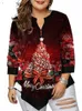 Плюс Размер Осенний пуловер с принтом рождественской елки Женские нерегулярные Fi V-образным вырезом Женские блузки Плиссированные свободные женские топы 2023 v7ui #