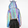 Vinter varma kvinnor Rainbow Reflective Jacket Parka Hip Hop Fi Short LG Female Cott-Padded Hooded Coat Crop Top Dropshing V845#