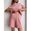 Pantalones de dos piezas para mujer, traje verde, pantalones cortos con camiseta y Top holgado de talla grande, conjunto de verano 100 algodón, chándal clásico informal