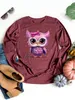 grande taille Carto mignon arc violet hibou imprimé graphique lg manches T-shirt rétro unisexe décontracté femmes lg manches u65x #