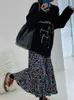 ヴィンテージブルーフラワープリントスカート女性用サマーハイウエストアラインスカート