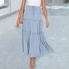 Saias femininas saia cor sólida plissado design grande bainha elástica cintura alta streetwear estilo boho uma linha plissado swing praia maxi f