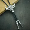 Strikjes F42F Bolo Tie voor mannelijke westerse cowboy stropdas met reliëf Ox hoofd hanger decors