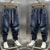Alta qualidade novo 2024 designer de luxo casual solto cordão jeans homens comprimento total perna larga streetwear cowboy harem calças b9xB #