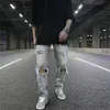 Streetwear Fi noir déchiré jean hommes maigre coupe ajustée bleu Hip Hop Denim pantalon Jeans décontractés pour hommes Jogging jean homme 42BS #