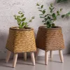 Jardinières Support de plante tissé avec pieds Support de plante surélevé avec panier de plantes Table ronde en bois Support de pot de plante fait à la main pour pots de fleurs