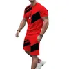 Männer Trainingsanzüge Männer Sportanzug Sommer Sport Set O-Ausschnitt T-Shirt mit Kordelzug Taille Shorts Farbblock gestreift 3D-Druck für