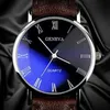 Wristwatches New 2023 Geneva Men Watch Roman Numerals Blu-Ray Faux Leather Band Quartz Analog Business Wrist Watch Sale Relogio Masculino 24329