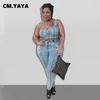 cm.yaya Mulheres Plus Size Set Denim Sólido Sleevel Único Breasted Crop Tops Zip Calças Dois 2 Peça Define Fi Outfit Verão U0yQ #