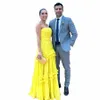 Bafftafe Yellow Chiff Prom Dres Strapl Tiered Skirt Pleated LG 이브닝 가운 여성 공식 파티 Special OCN DR 79QS#