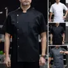 Chef uniforme col montant simple boutonnage poche plaquée cuisine haut à manches courtes résistant à l'usure respirant cuisinier chemise vêtements de travail H3LO #