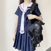 Nuevo traje japonés de la universidad de las muchachas coreanas JK falda plisada de manga corta uniformes escolares conjuntos traje de la muchacha de la escuela traje de marinero negro r1lu #