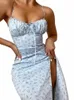 Hugcitar 2023 ärm Satin Slip Floral Ruched Bandage Cut Out Maxi Dr Summer Women Fi Sexy Party Club Robe KPytomoa R9pk#