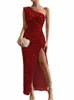 DRMECB One Shoulder Maxi LG Dres Women Sparkling Sequin Backl Sexig kvällsfest Vestidos Slim Ruched Summer Dr E5kp#