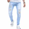 Hommes Hole Slim Jeans Cott Stretchy Ripped Skinny Denim Pantalon de haute qualité Marque Hip Hop Street Oversize Jeans Homme Bleu b3Mz #