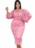 plus Size Evening Dres 4XL O Neck Lace Lantern Sleeve Hollow Out Patchwork White Pink Gowns for Ladies Event Cocktail Outfits n97J#