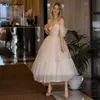 magic Awn Blush Pink Wedding Dres Tea-Length Off The Shoulder Tulle Illusi Short Boho Wedding Party Gowns For Women Vestido m0oM#