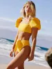 Women's Swimwear Puff Sleeve Tie Spli Bikini Square Neck Beachwear 2024 Fashion Women Summer Solid Color Swimsuit Vacation Sexy /