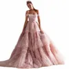 Sevintage Dusty Pink LG PROM DRES Sweetheart skrynklade Tulle ruffles Evening Dres Off Shoulder Tiered A-Line Party Dr K63q#