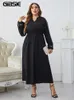 Gibsie Plus Taille Gland Cravate Cou Casual Maxi Dr Femmes 2023 Printemps Automne Fi Lg Manches Femelle Élastique A-ligne Dres B4c1 #