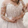 Plus Size A Line Wedding Dres Bianco Per le donne Big vestido de novia Lg Maniche Tulle Appliqued Perline di pizzo Perle Corte dei treni k7Fj #