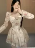 Casual Jurken 2024 Vierkante Hals Hoge Taille Slim-Fit Bloemenprint Chiffon Mini-jurk Vestidos De Cerimonia Para Casamentos Prom
