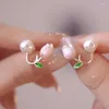 Stud Earrings Romantic Pink Tulip Women French Pearl Earring Banquet Cute Earings Temperament Elegant Fashion Jewelry Gift